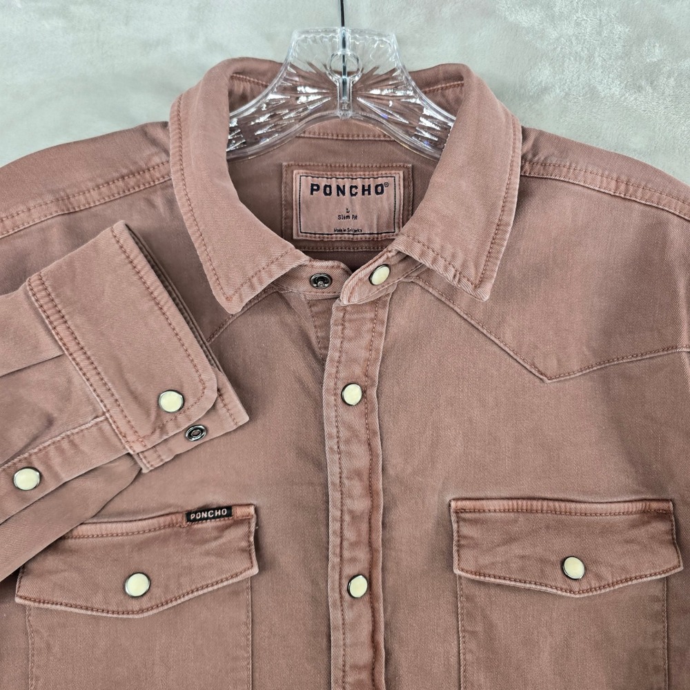 Poncho Western Denim Shirt Mens Large Slim Brown Pearl Snap Long Sleeve